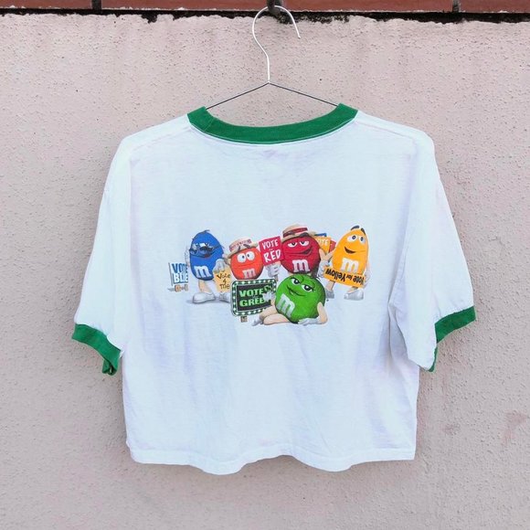 Anvil Tops - Vintage M&M's Green White Ringer Tee Shirt Crop Top Women's Large